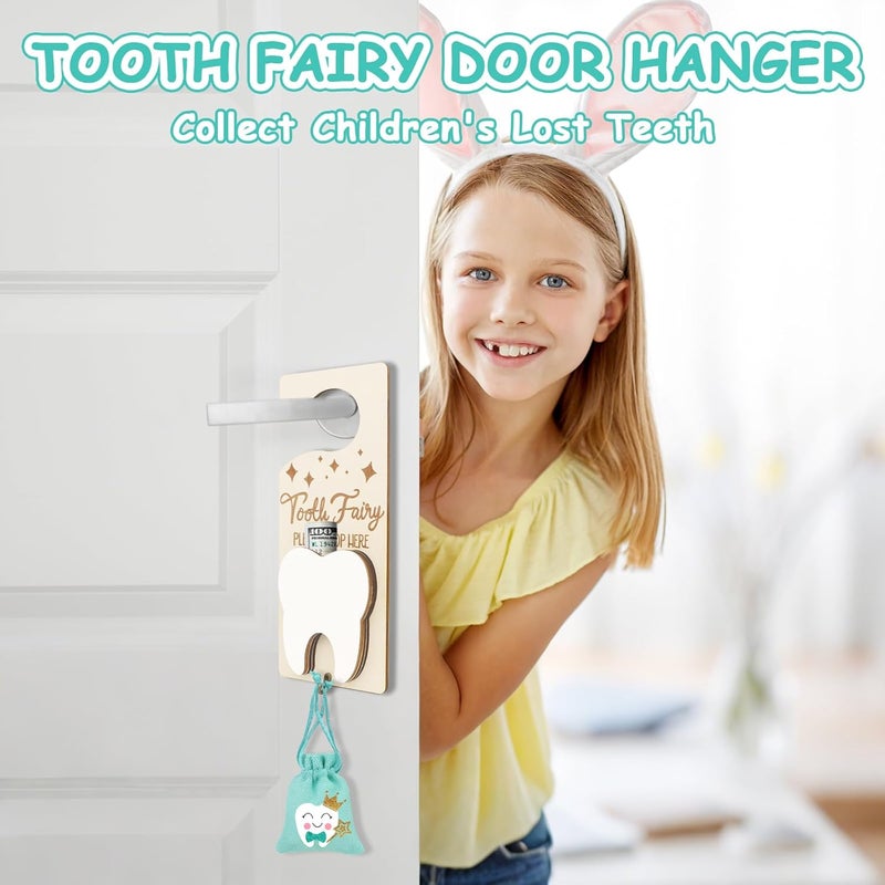 AINBIN Tooth Fairy Door Hanger, Tooth Fairy Kit Tooth Holder with Money Slot, Keepsake Bottle & Burlap Pouch for Lost Teeth, Encourage Gift for Boys Girls, Lake Blue - Image 2
